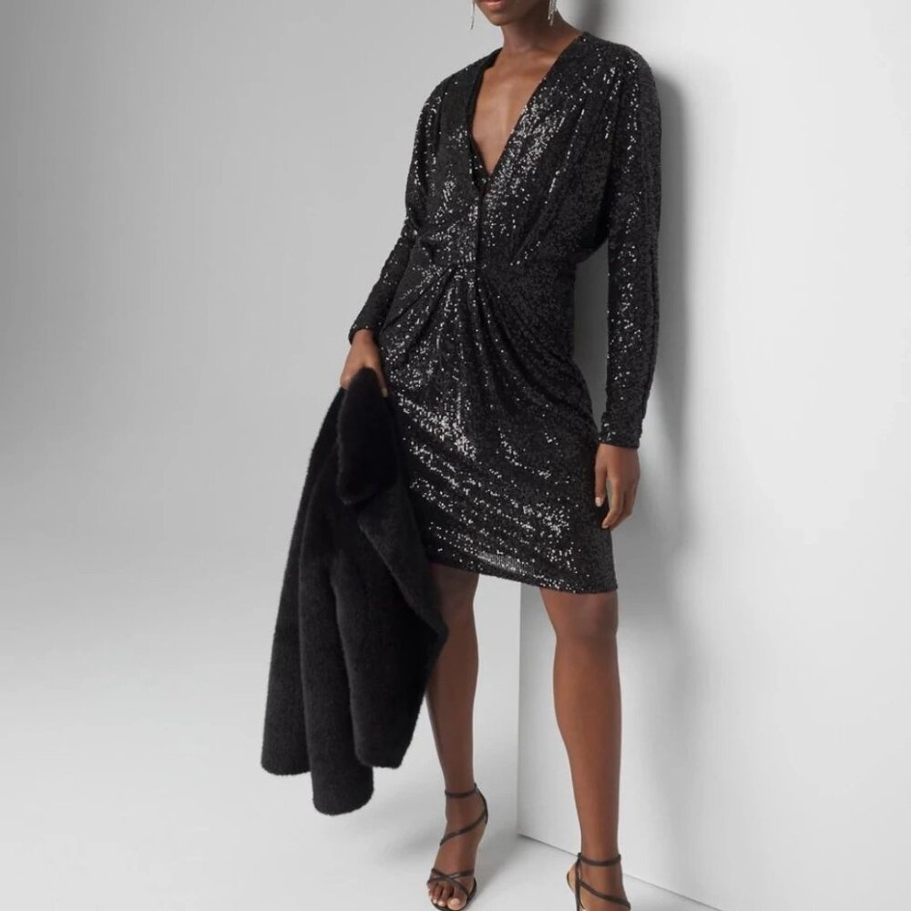 White House Black Market black sequin dress pleated NWT 00